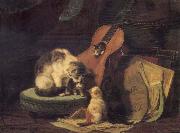 Henriette Ronner Cat,book and fiddle Sweden oil painting artist